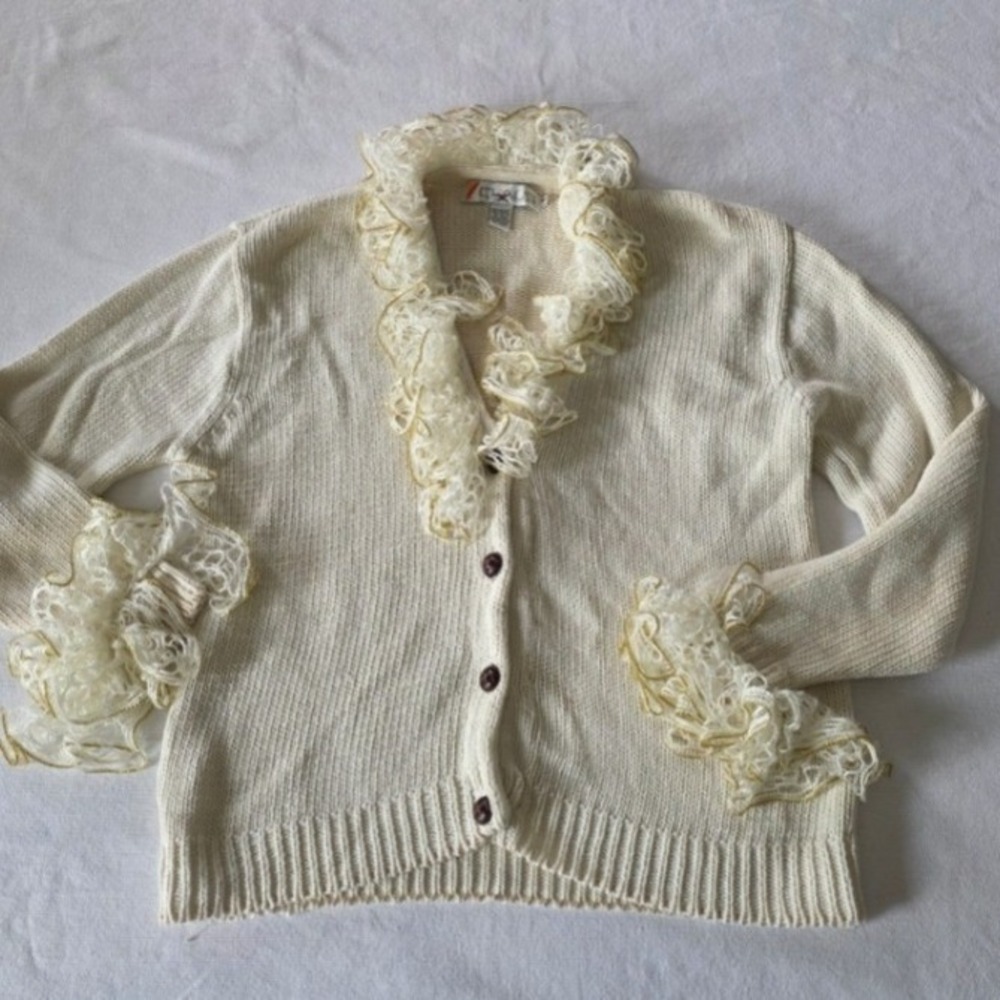 Vintage Chaus Romantic Cream Cardigan Med Oversized Crochet Ruffles Grandmacore - Picture 8 of 8